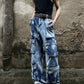 Retro Multi-pocket Tie-dye Cargo Jeans Loose Straight Trousers