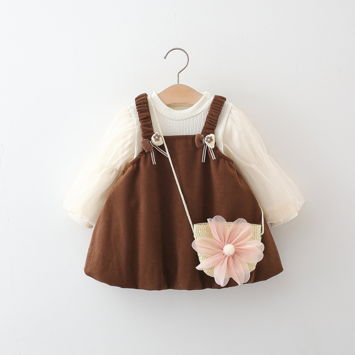 Girls Long Sleeve Bowknot Corduroy Suspender Outfit