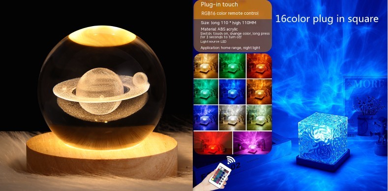 LED Water Ripple Ambient Night Light USB Rotating Projection Crystal Table Lamp RGB Dimmable Home Decoration 16 Color Gifts