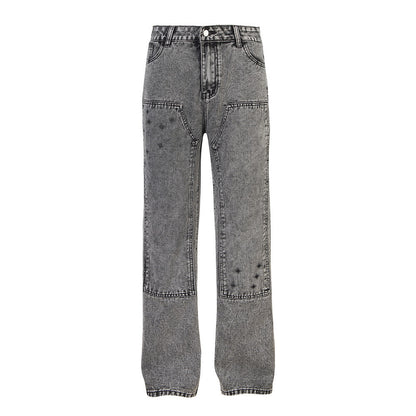 Heavy Industry Washed And Worn Denim Cargo Pants Retro Loose Wide Leg Straight Mop Trousers