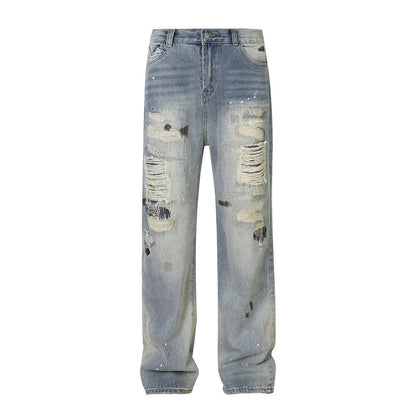 Punk Street Fashion Paint Splash Loose Distressed Beggar Straight-leg Trousers Men And Women