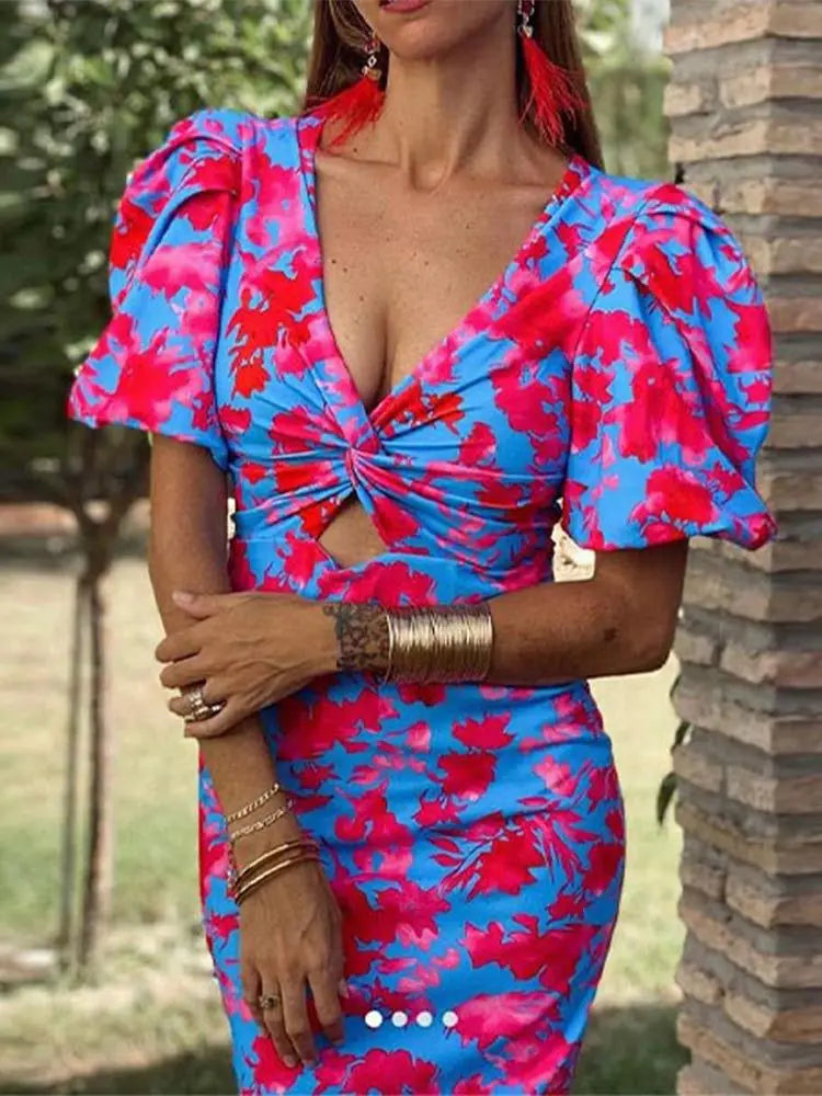 Elegant Temperament Slim Club Dresses Female Floral Print Puff Sleeve Long Dress Summer V Neck High Waist Hollow Out Party Dress