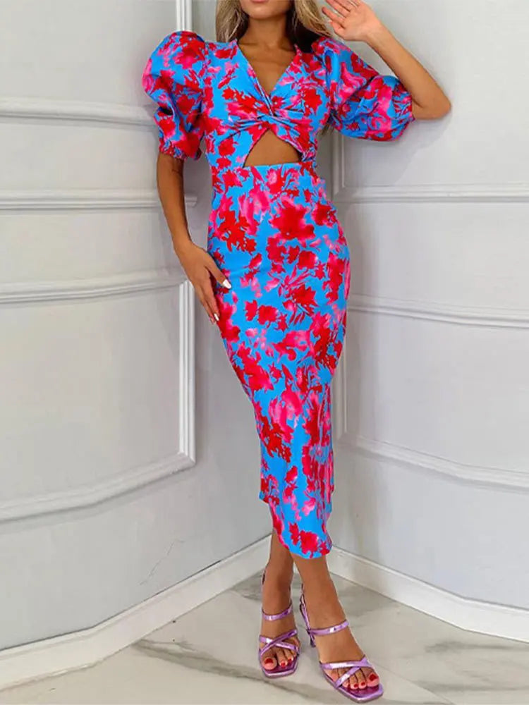 Elegant Temperament Slim Club Dresses Female Floral Print Puff Sleeve Long Dress Summer V Neck High Waist Hollow Out Party Dress