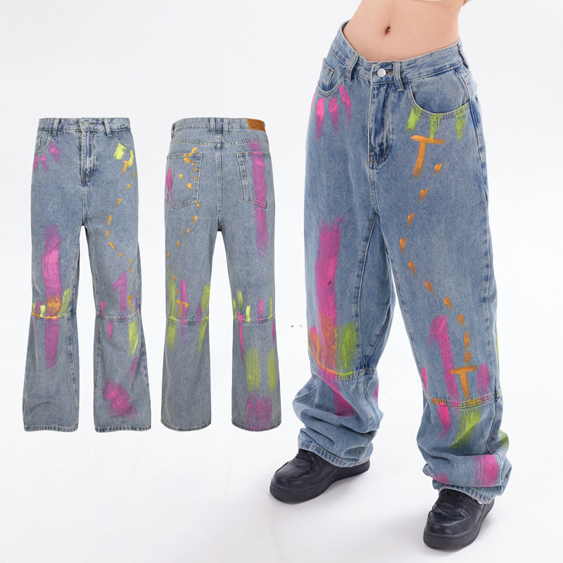 American Style Retro Street Hip Hop Graffiti Printing Loose Jeans For Men And Women