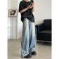 Retro Reverse Pocket Flip-down Jeans Men's Washed Wide-leg Pants