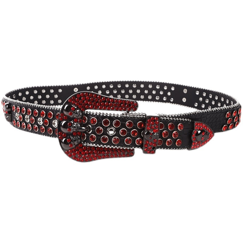 Rhinestone Inset Needle Buckle Skull Belt