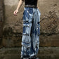 Retro Multi-pocket Tie-dye Cargo Jeans Loose Straight Trousers