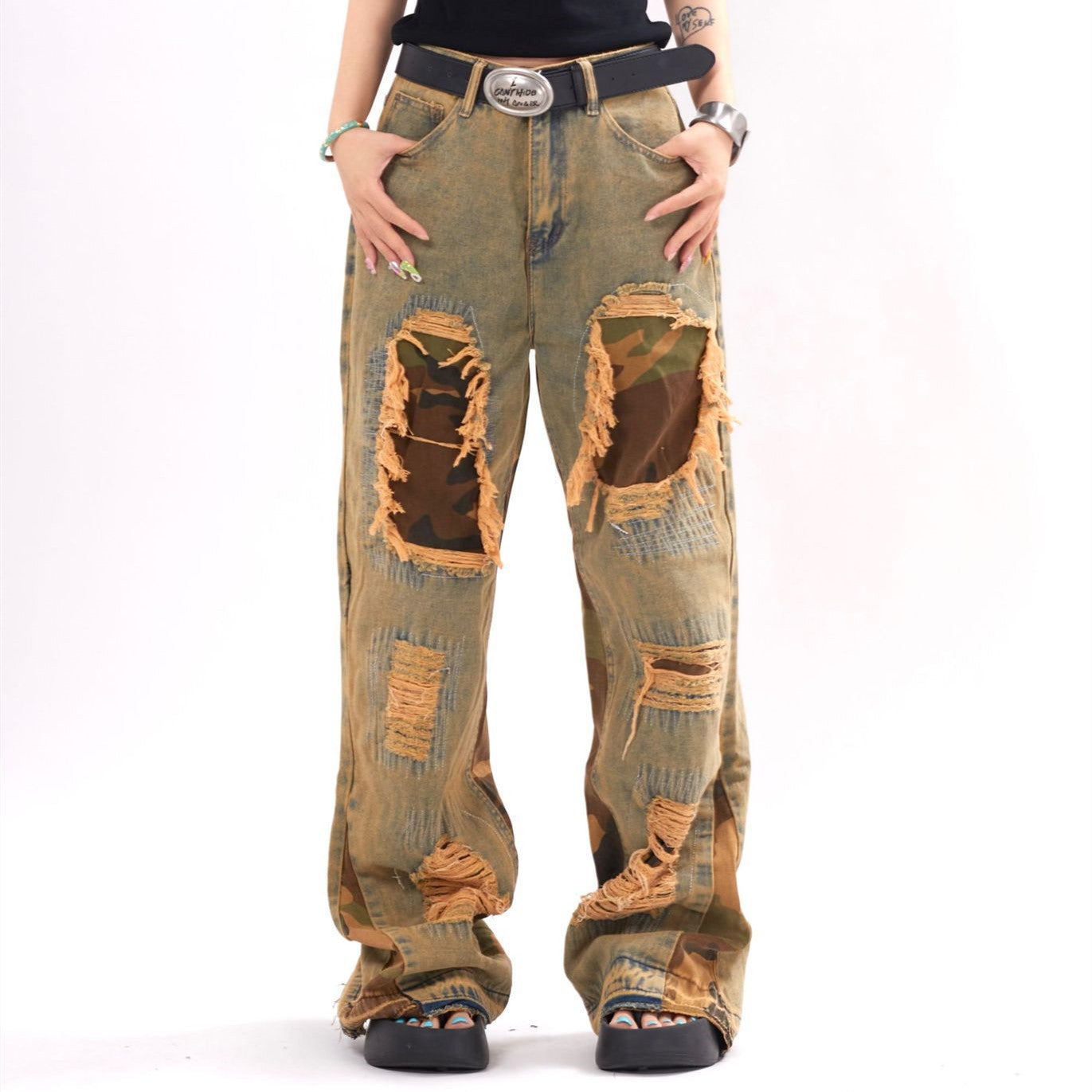 Camouflage Stitching Distressed Raw Hem Jeans Men