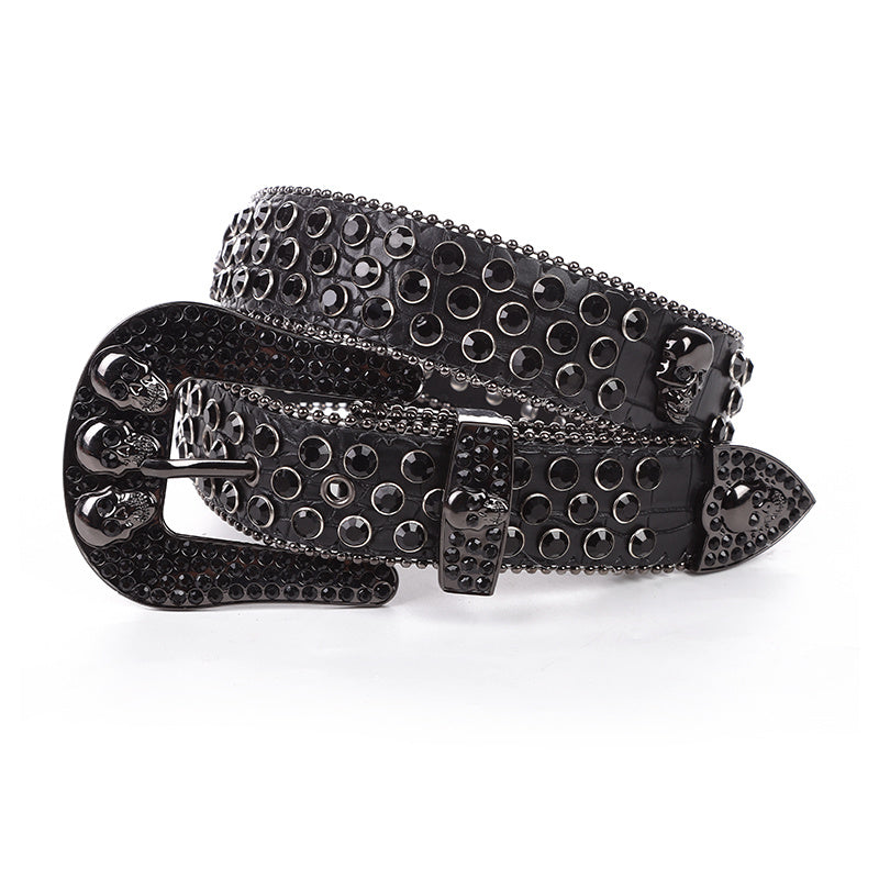 Rhinestone Inset Needle Buckle Skull Belt