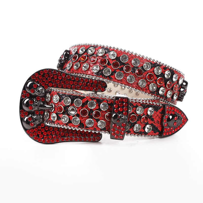 Rhinestone Inset Needle Buckle Skull Belt