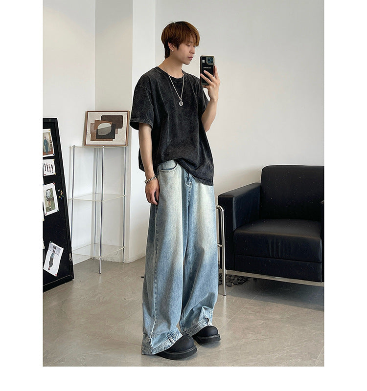 Retro Reverse Pocket Flip-down Jeans Men's Washed Wide-leg Pants