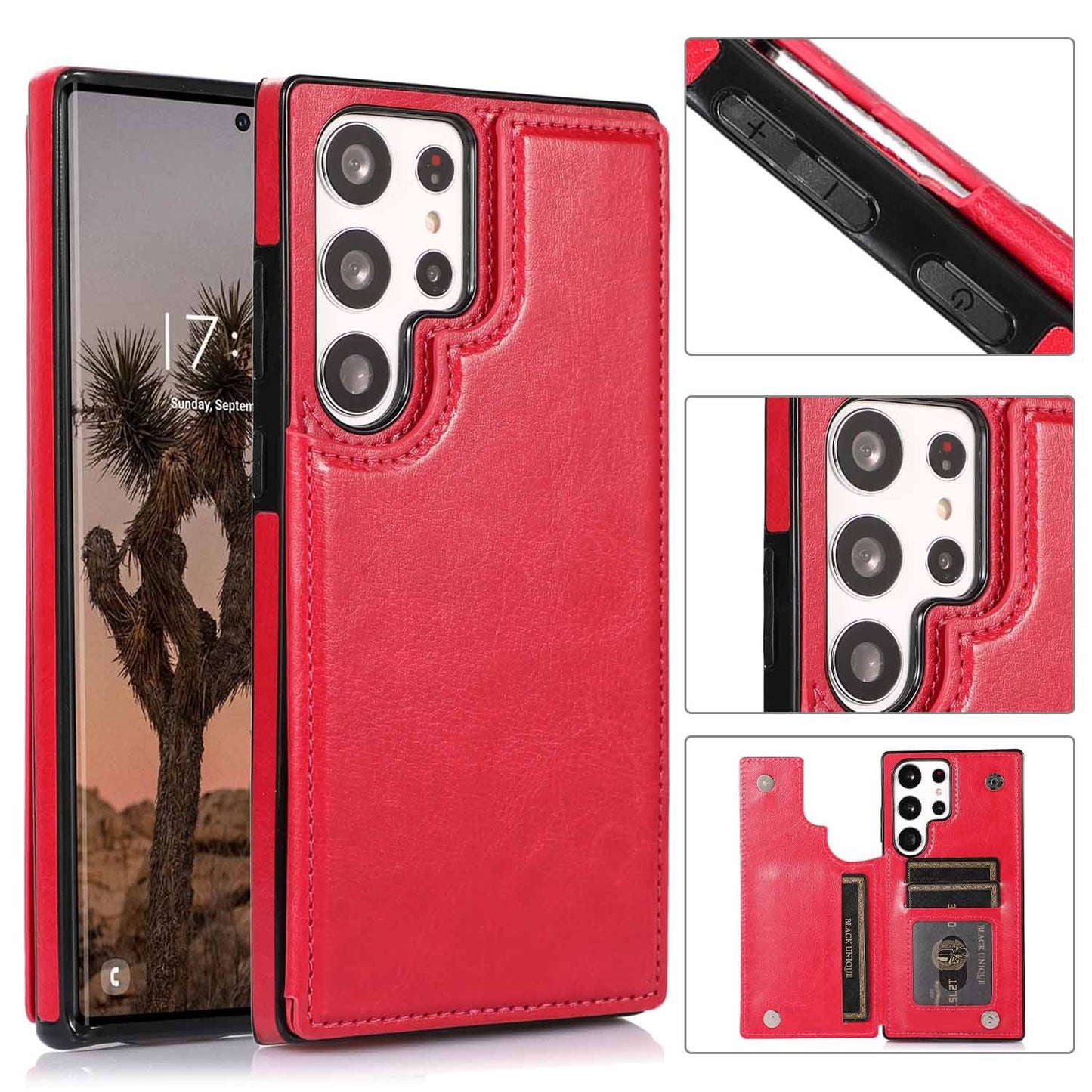 Solid Color Double Buckle Crazy Horse Pattern Leather Phone Case