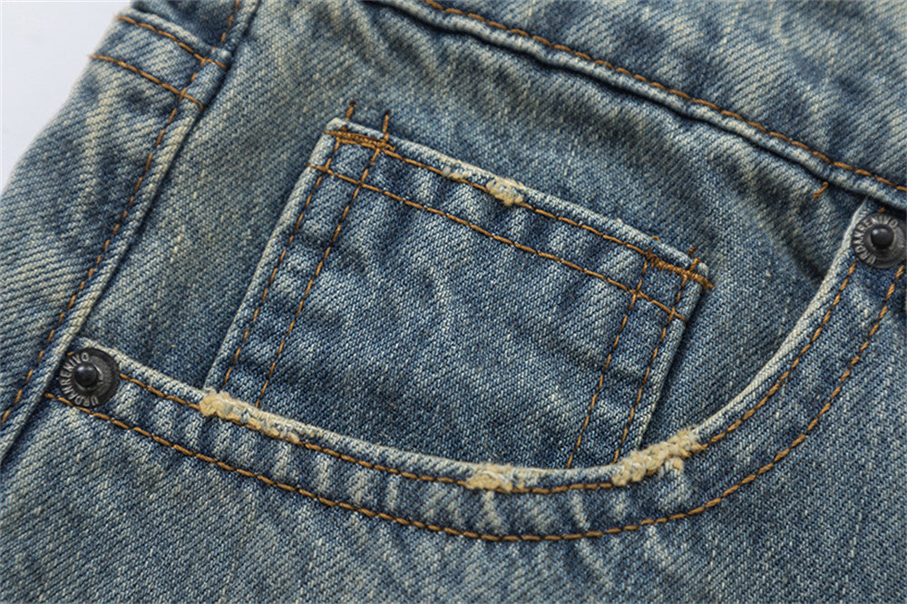 Washed And Worn Worn Denim Trousers Men's Pleated