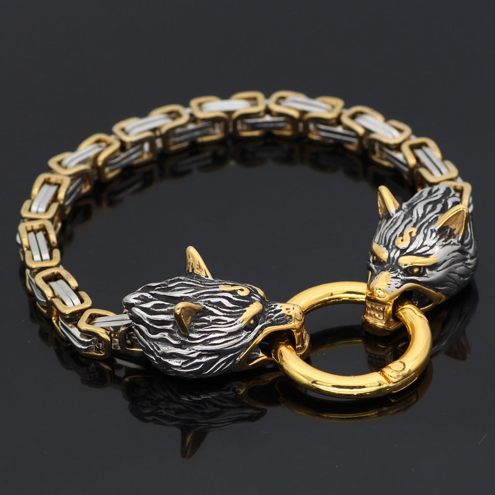 Pulsera de cadena de emperador con cabeza de lobo vikingo nórdico de acero inoxidable para hombre