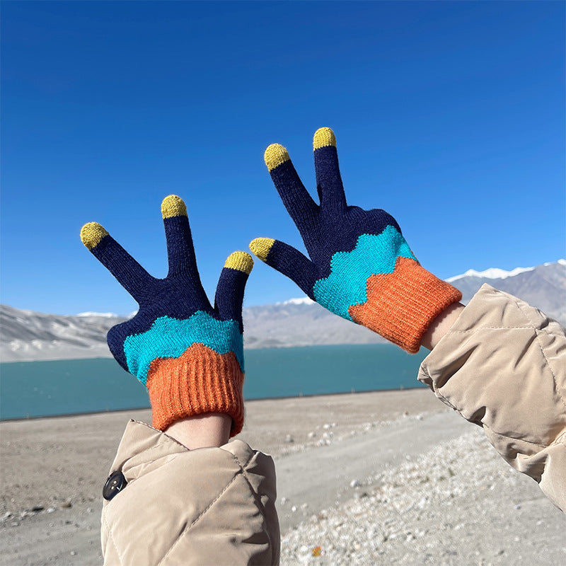 Otoño e invierno contraste de color lindo más guantes de punto de terciopelo mujeres