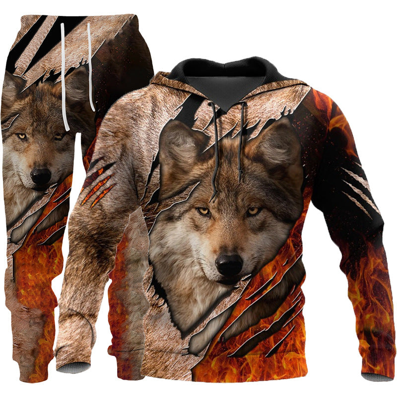 Chándal con estampado de lobo 3D para hombre, ropa deportiva con capucha, conjunto de dos piezas para correr al aire libre, Fitness, conjunto para correr