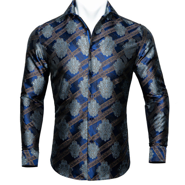 Camisas Barry.Wang Teal Paisley de seda Floral para hombre, camisas informales de manga larga de otoño con flores para hombre, camisa de vestir de diseñador, BCY-05