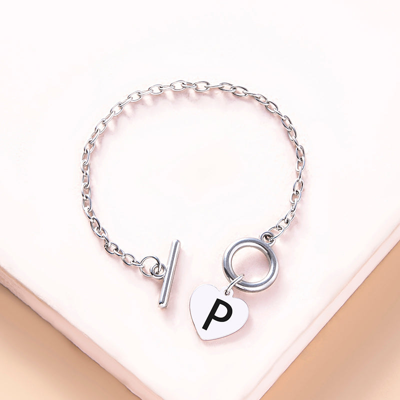 Silver Color Link Chain OT Buckle Clasp Bracelet 26 Initial Letter Heart Charms Bracelets For Women Girls