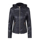 Women's Chest Pocket Hooded Zipper Women Leather Jacket