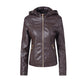 Women's Chest Pocket Hooded Zipper Women Leather Jacket