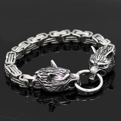 Men stainless steel King chain viking wolf head bracelet