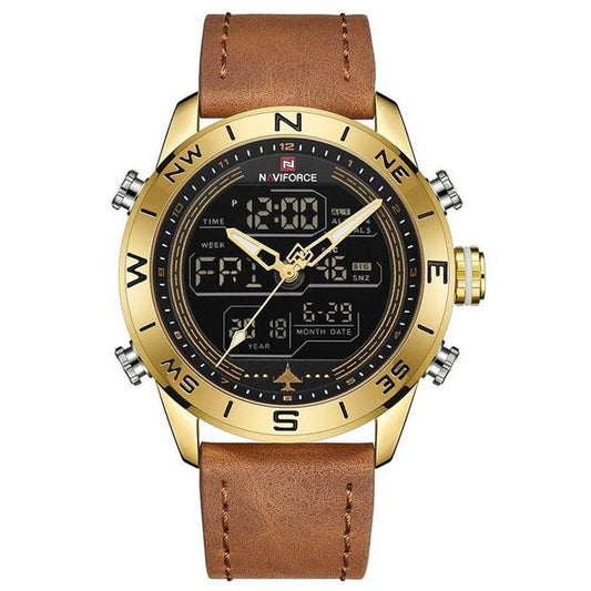 NAVIFORCE 9144 Relojes deportivos dorados a la moda para hombre, reloj Digital analógico LED para hombre, reloj de cuarzo Cuero militar del ejército, reloj Masculino