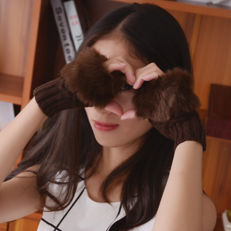 Guantes de color liso para invierno, guantes cálidos de lana de felpa, guantes de medio dedo para mujer