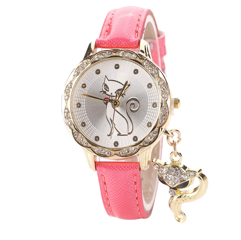 Reloj de pulsera con diseño de gato bonito a la moda, reloj de regalo para mujer y niña, relojes de pulsera de cuarzo de cuero analógico con diamantes de lujo