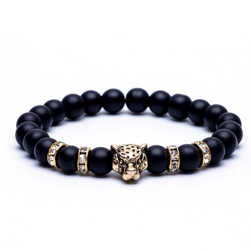 Pulsera de cuentas de piedra de Lava Natural de 8mm para hombres, pulsera con colgante de leopardo con cabeza de leopardo, joyería hecha a mano