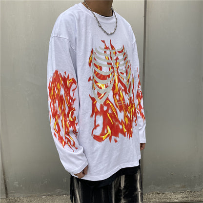 Flame skull print long sleeve T-shirt for men