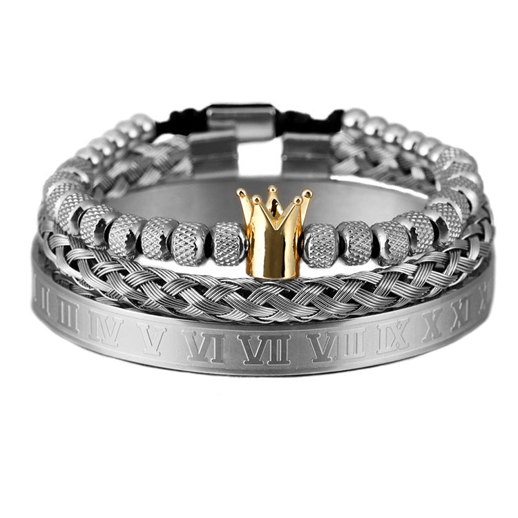 Pulsera con dije de corona real romana de lujo para hombre, pulseras geométricas de acero inoxidable, pulseras ajustables para hombre, regalo de joyería para pareja