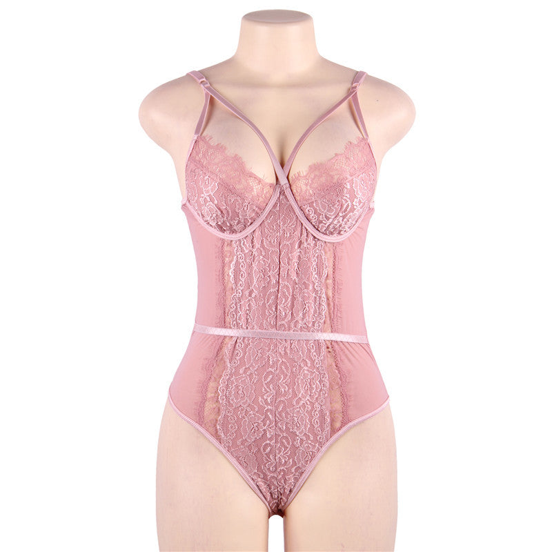 Sexy Lace Strap Crotch Snap Button Bottom Shirt