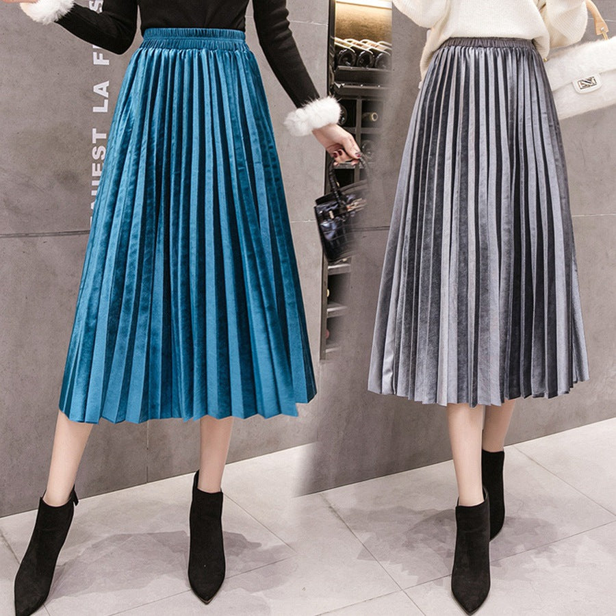 Autumn Winter Velvet Skirt High Waisted Skinny Large Swing Long Pleated Skirts Metallic