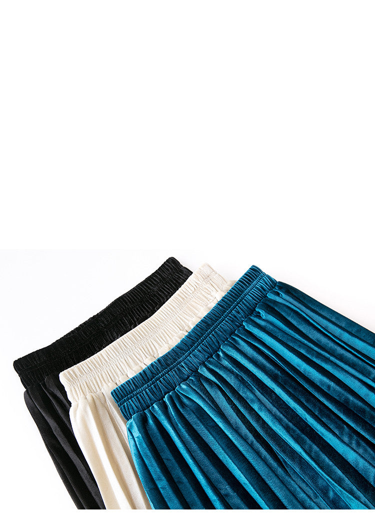 Autumn Winter Velvet Skirt High Waisted Skinny Large Swing Long Pleated Skirts Metallic