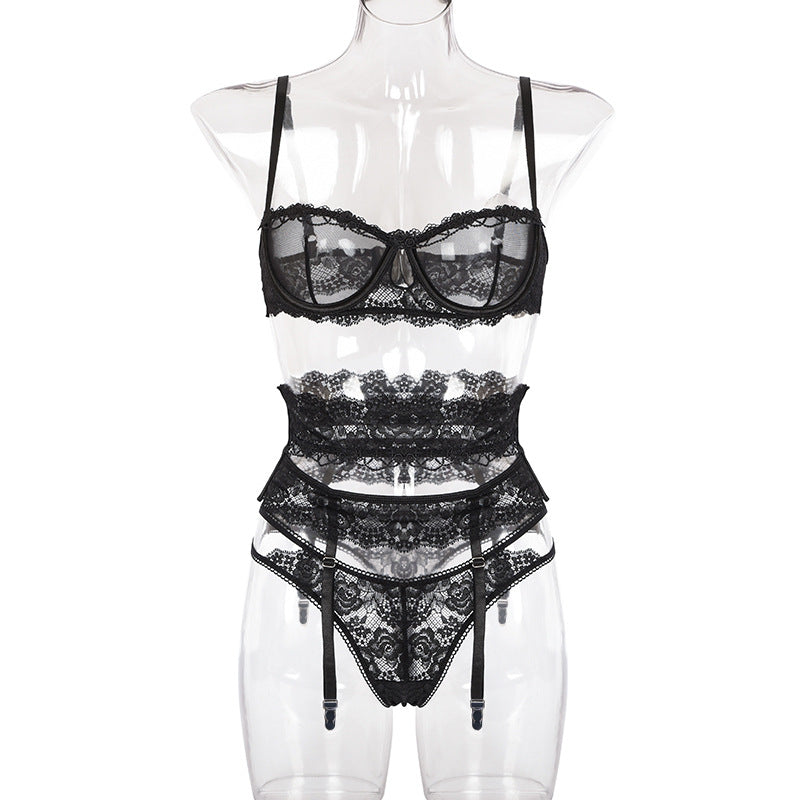 Conjunto de lencería Yimunancy de 3 piezas, conjunto de sujetador Sexy transparente para mujer, lencería de encaje, conjunto de ropa interior íntima