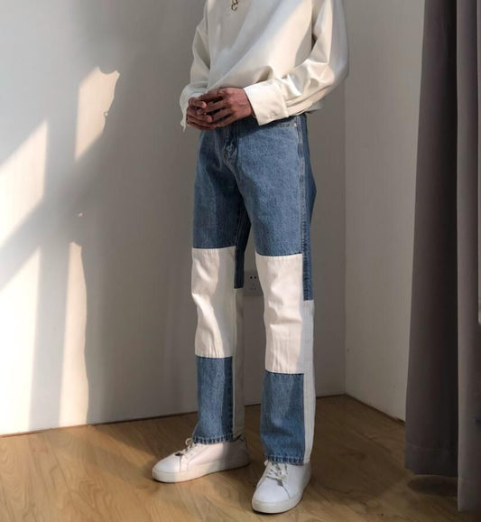 Men Wash Splice Casual Straight Jeans Trousers Korea Japan
