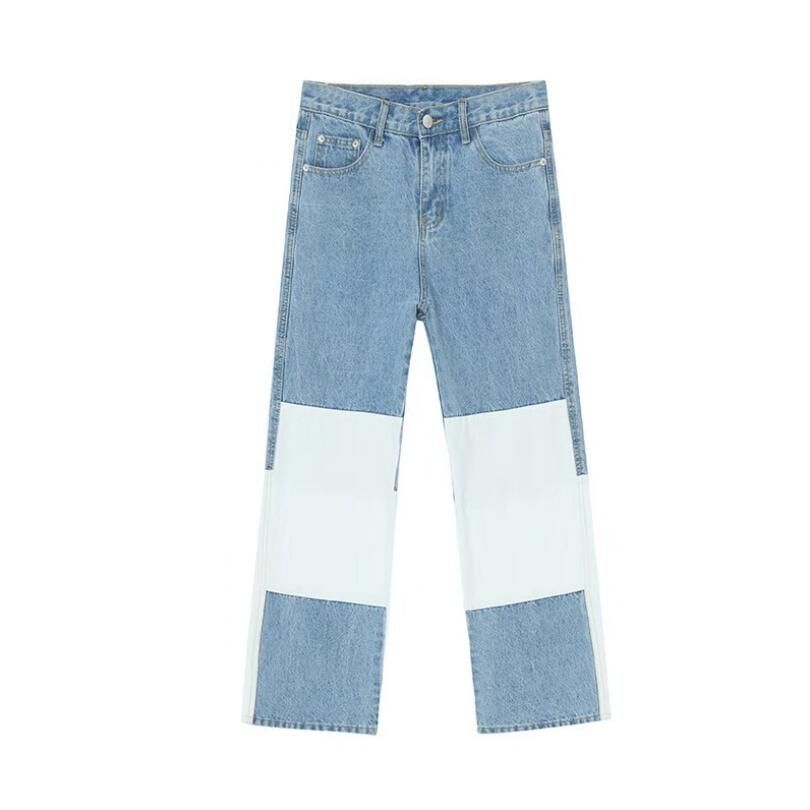 Men Wash Splice Casual Straight Jeans Trousers Korea Japan