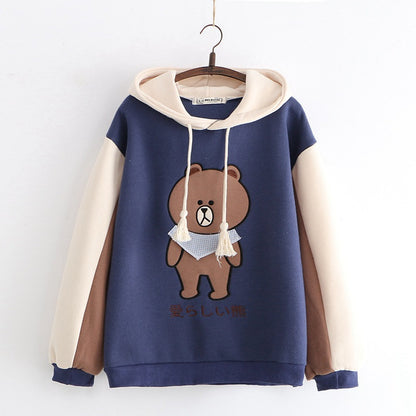 Merry Pretty Women Harajuku Cartoon Bear Embroidery Hooded Sweat Winter Plus Velvet Cute Sweat Tracksuit