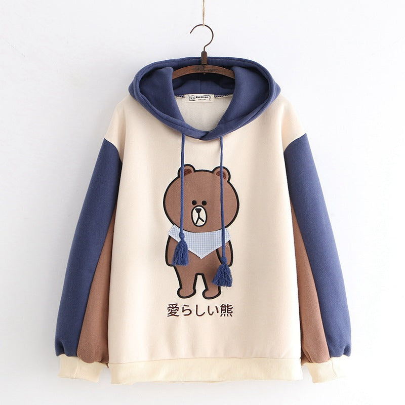 Merry Pretty Women Harajuku Cartoon Bear Embroidery Hooded Sweat Winter Plus Velvet Cute Sweat Tracksuit