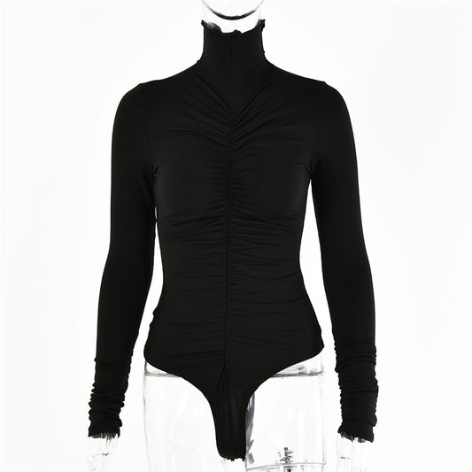 Mono negro de manga larga con cuello alto para mujer, mono Sexy con medias con volantes para otoño e invierno