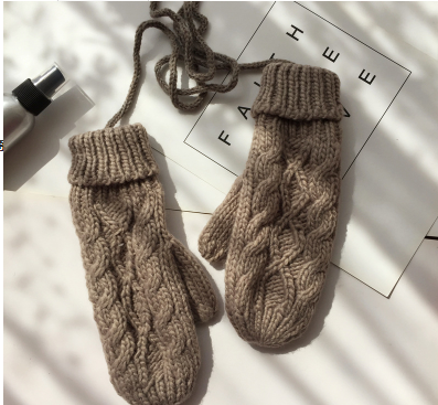 Korean Twist Double Thickening Fashion Hanging Neck Woolen Gloves Mittens Knitted Gloves Women Winter Korean Cute