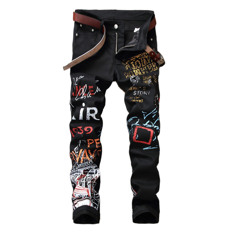 Men Jeans Slim Graffiti Print Plus Size Trousers