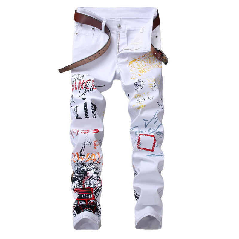 Men Jeans Slim Graffiti Print Plus Size Trousers