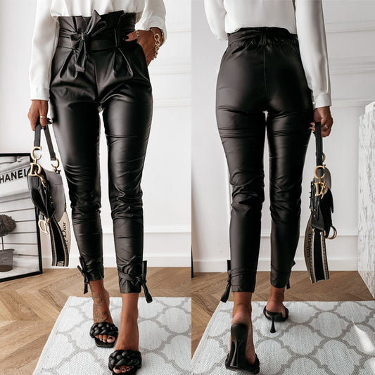 European And American Women Fashion Casual Pu Pants Leather Pants Including Belt