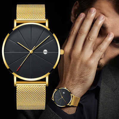 Calendario Reloj fino para hombre Banda de malla de acero inoxidable Relojes de pulsera de cuarzo Reloj para hombre