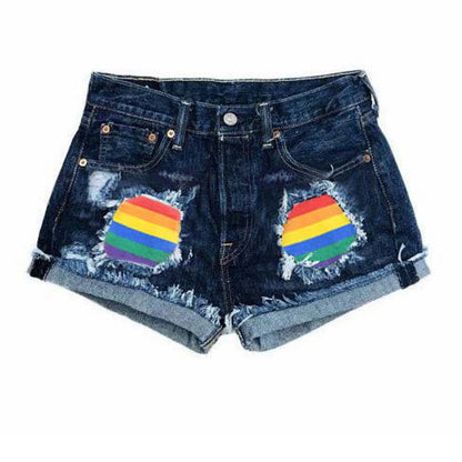 Moda Rainbow Patchwork Denim Shorts Jeans Pantalones cortos Denim Mujer