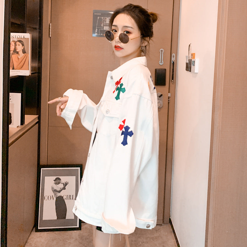 Embroidered White Denim Jacket Women