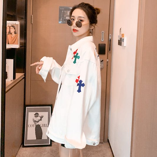 Embroidered White Denim Jacket Women