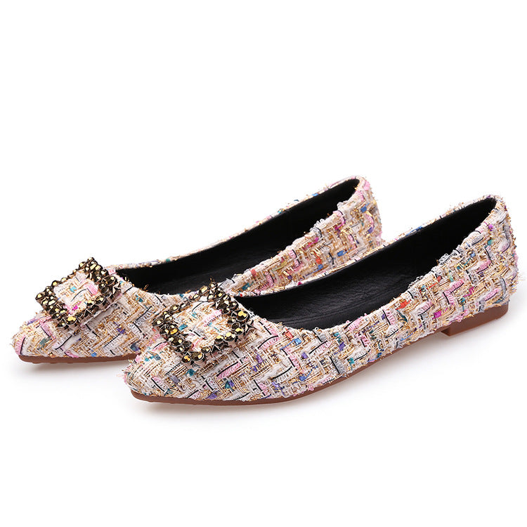 Zapatos individuales con hebilla cuadrada y diamantes de imitación, zapatos planos puntiagudos para mujer, zapatos para mujer