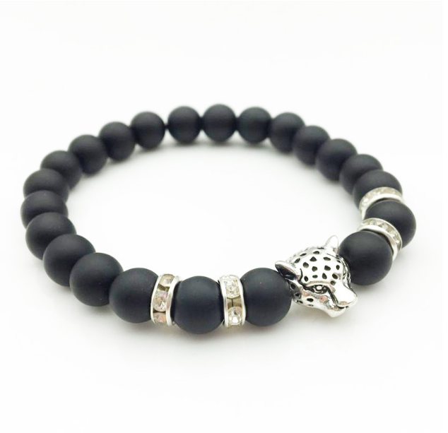 Pulsera de cuentas de piedra de Lava Natural de 8mm para hombres, pulsera con colgante de leopardo con cabeza de leopardo, joyería hecha a mano